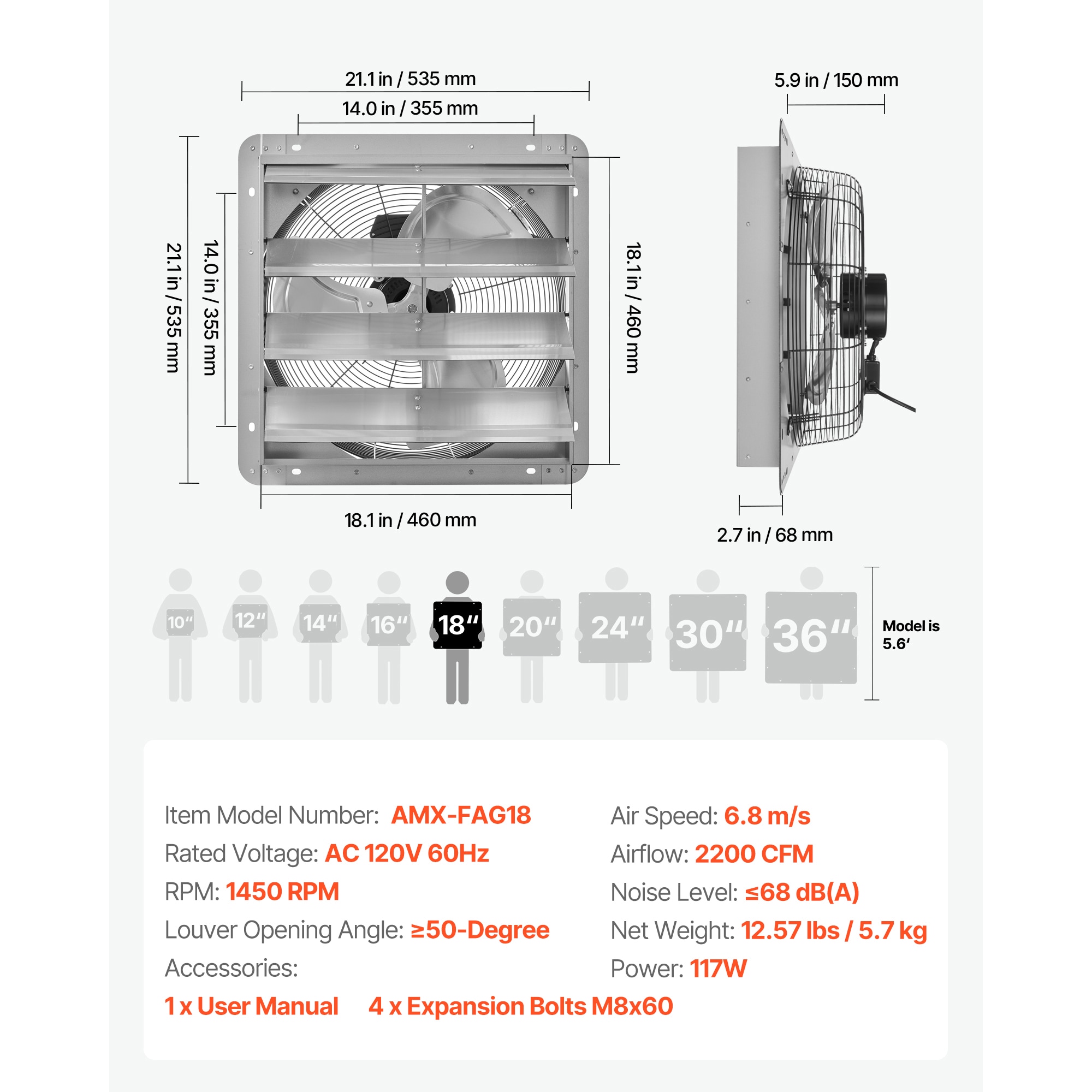 18 Inch Shutter Exhaust Fan Wall Mounted Ventilation Fan Silver_voghion.com